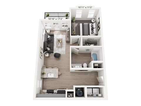 Emberglow 1-bedroom, 1-bathroom apartment at Nook Nine in Indianapolis, IN, offering an efficient layout with contemporary finishes, a sleek kitchen with quartz countertops, private balcony, and a spacious closet, designed for sophisticated urban living near Keystone at the Crossing.